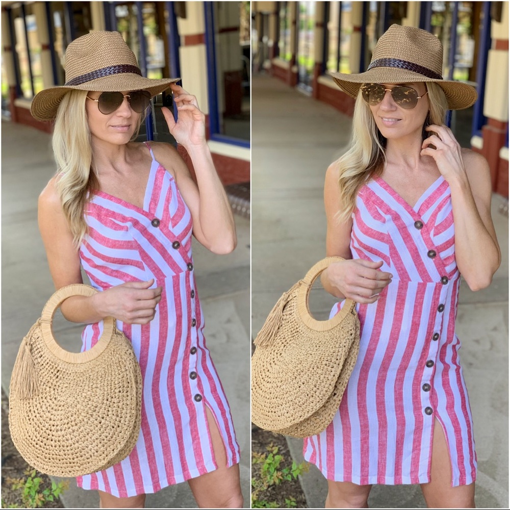 ✨LAST ONE✨Coral ivory striped button trim dress - Picture 1 of 4